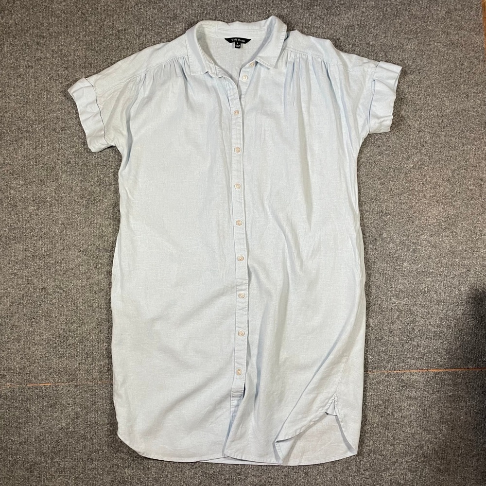 Well Worn Linen Blend Shirt Dress Large Light Blue Short Sleeve Pockets Beach